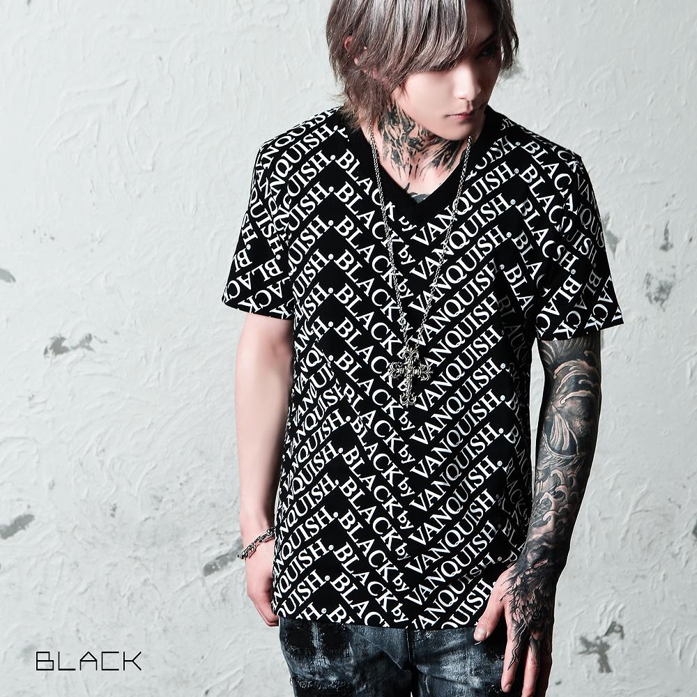【ブラックバイヴァンキッシュ Black by VANQUISH】 総柄Vネックカットソー Logo pattern TEE