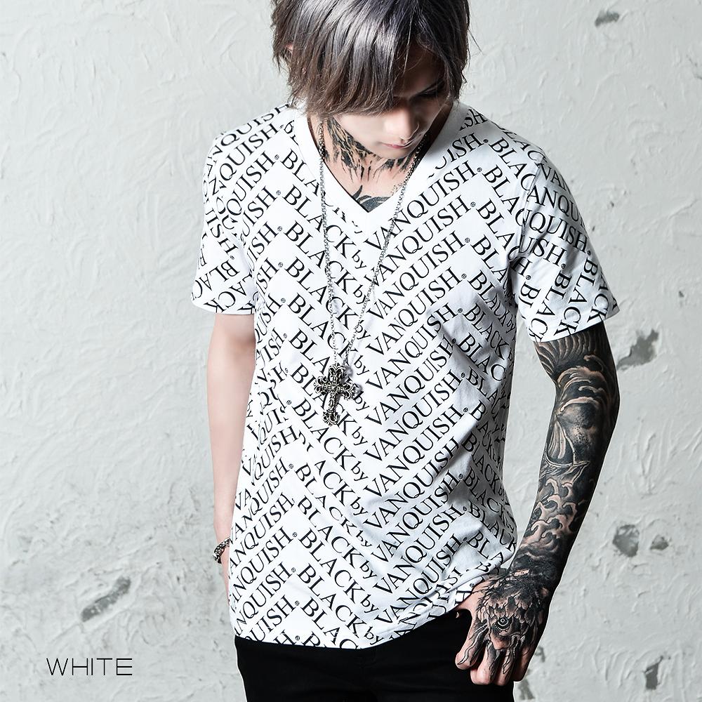 【ブラックバイヴァンキッシュ Black by VANQUISH】 総柄Vネックカットソー Logo pattern TEE